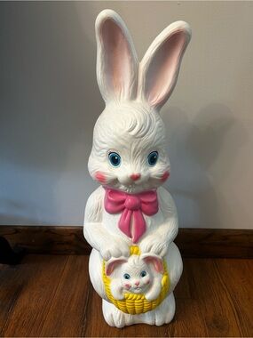 Vintage Blow Mold Empire Easter Bunny Pink Bow Yellow Basket Holiday Deco